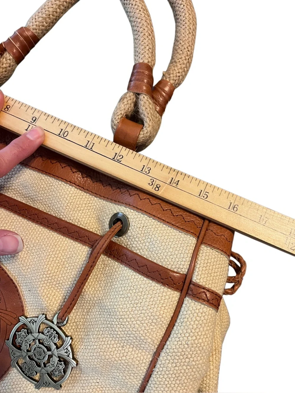 Kate Landry Canvas & Leather Tote Bag Large Boho Chic Rope Handle Jute